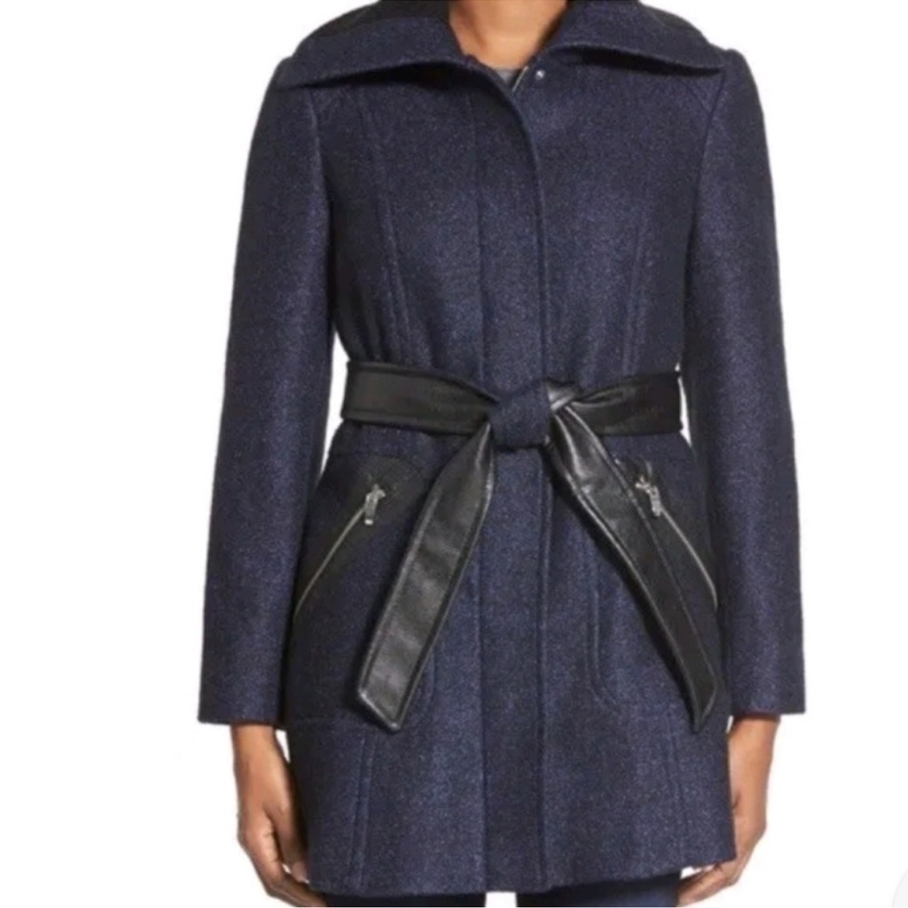 Via Spiga Flecked Wool Blend Faux Leather Coat